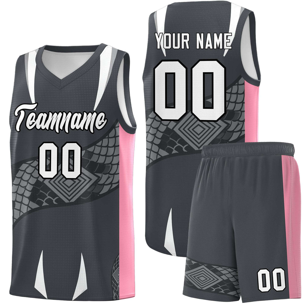 Custom Gray Light Pink Snake Scale Venomous Fang Drapable Graffiti Pattern Basketball Suit Jersey