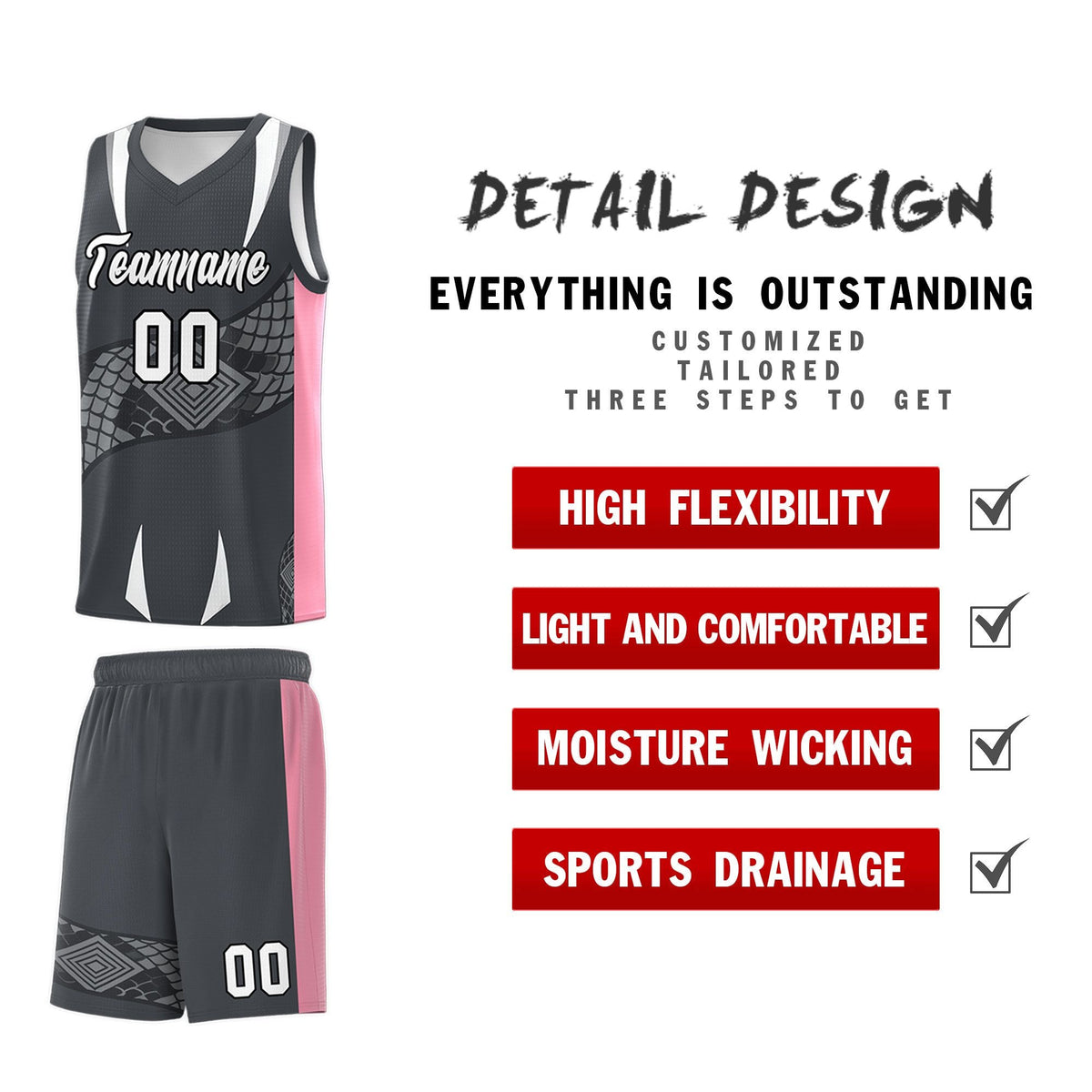 Custom Gray Light Pink Snake Scale Venomous Fang Drapable Graffiti Pattern Basketball Suit Jersey