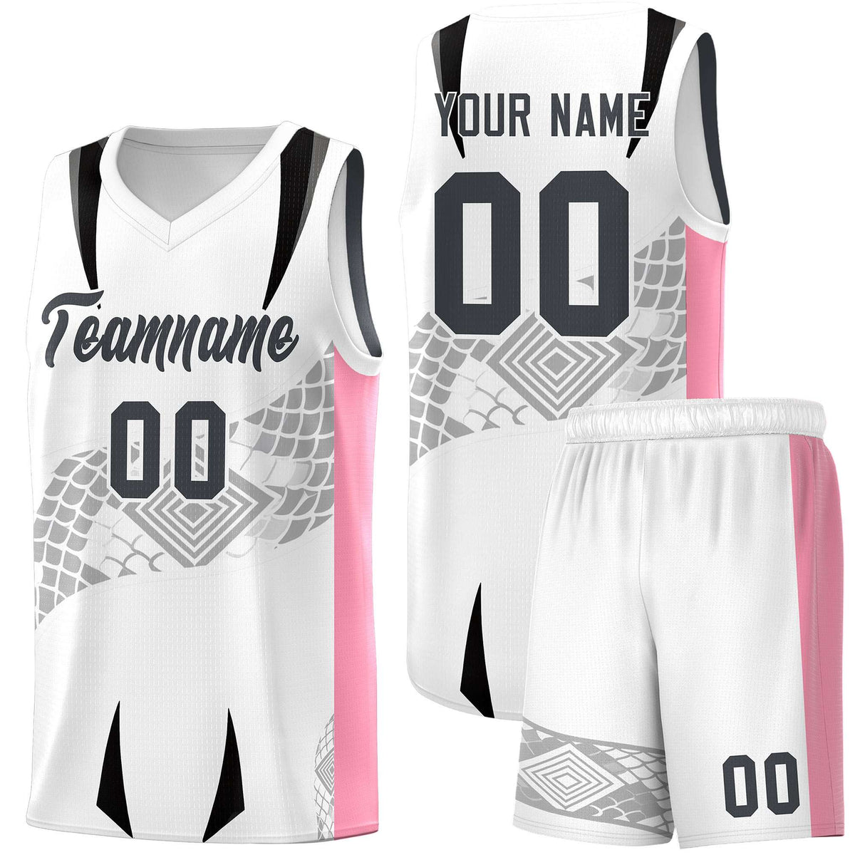 Custom White Light Pink Snake Scale Venomous Fang for Leagues Graffiti Pattern Basketball Suit Jersey