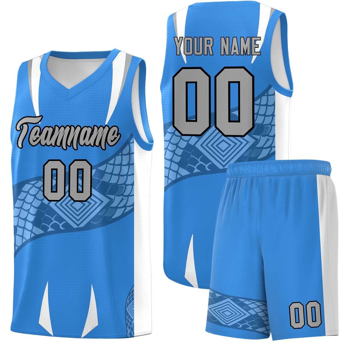 Custom Light Blue White Snake Scale Venomous Fang Lightweight Graffiti Pattern Basketball Suit Jersey