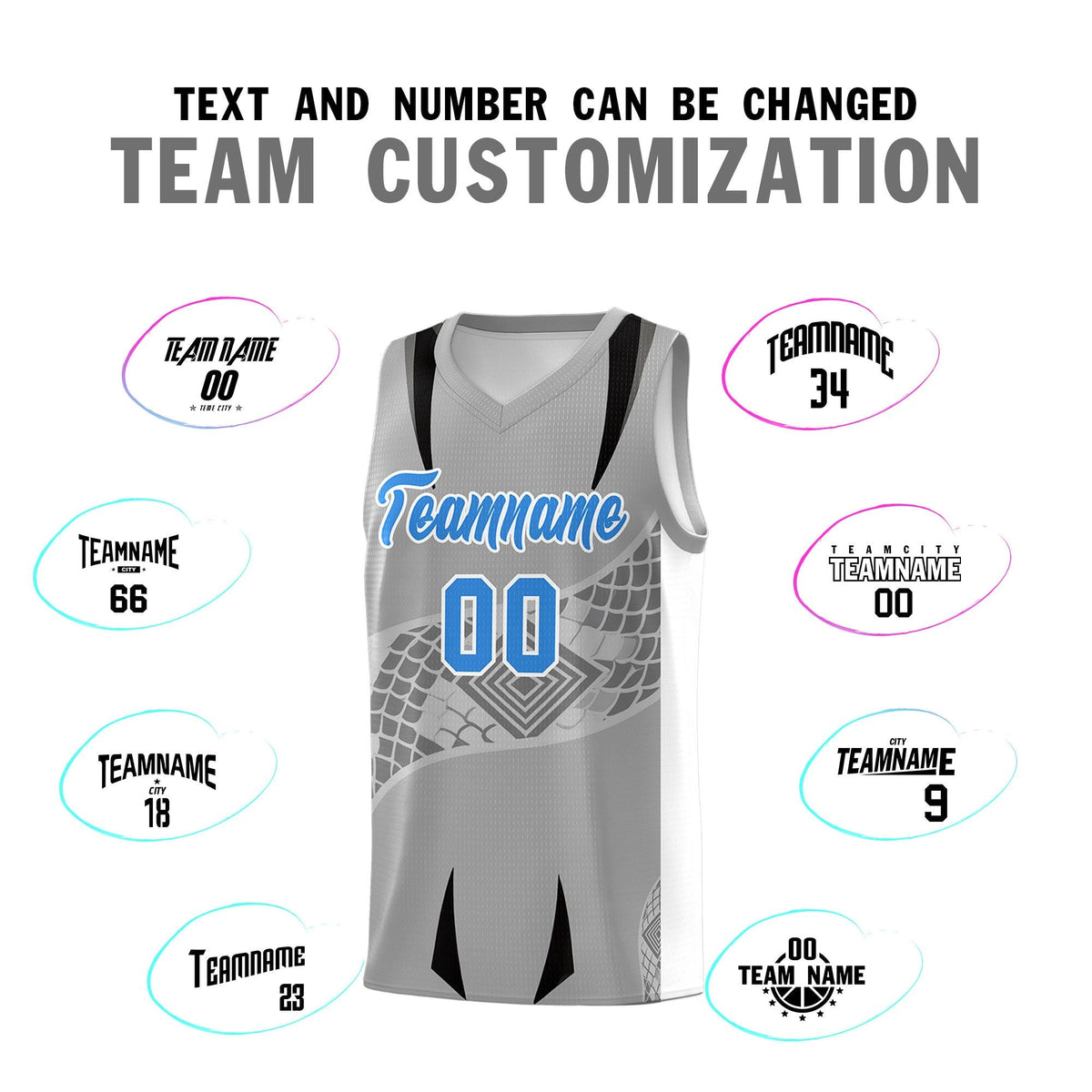 Custom Gray White Snake Scale Venomous Fang for Team Graffiti Pattern Basketball Suit Jersey