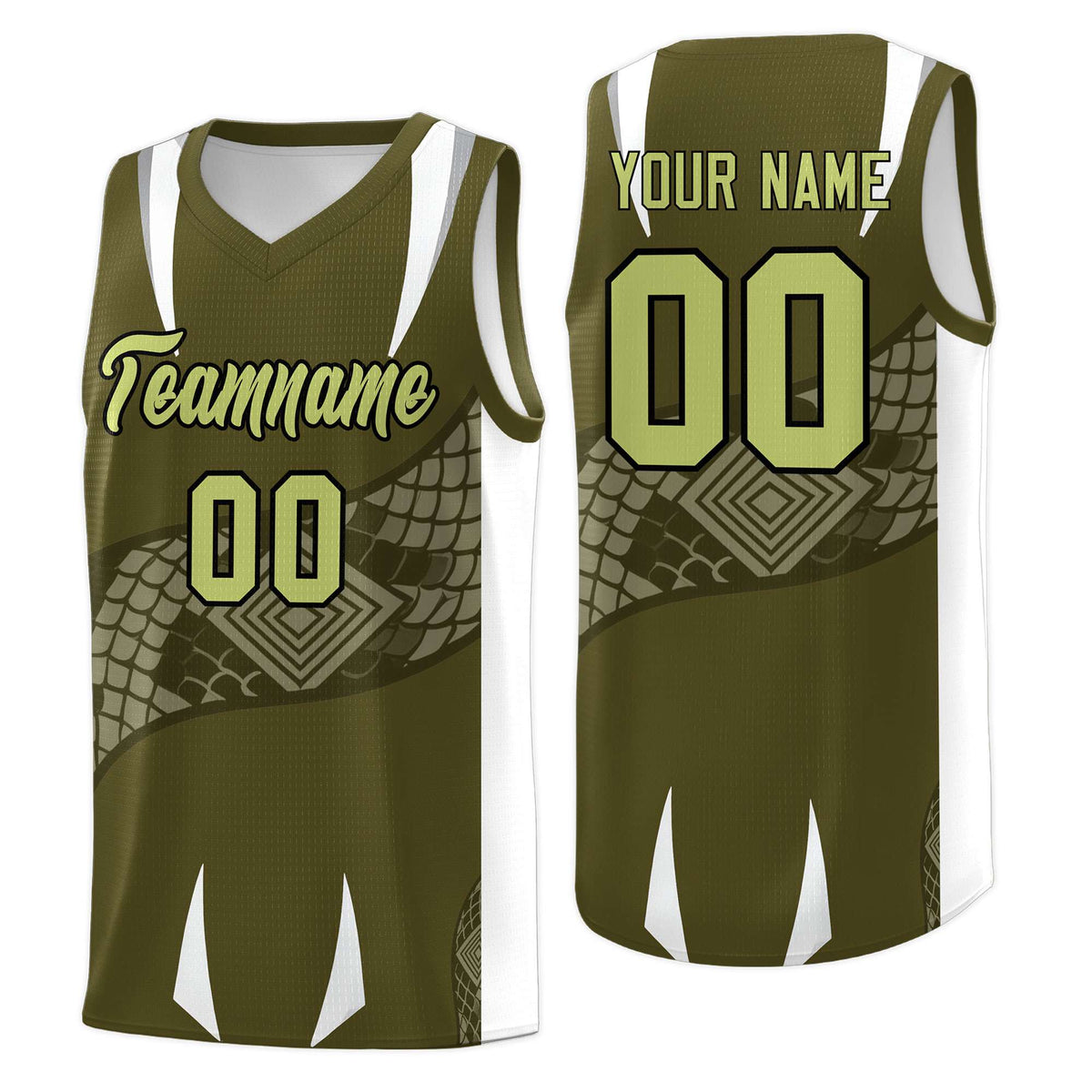 Custom Olive White Snake Scale Venomous Fang Breathable Graffiti Pattern Basketball Suit Jersey