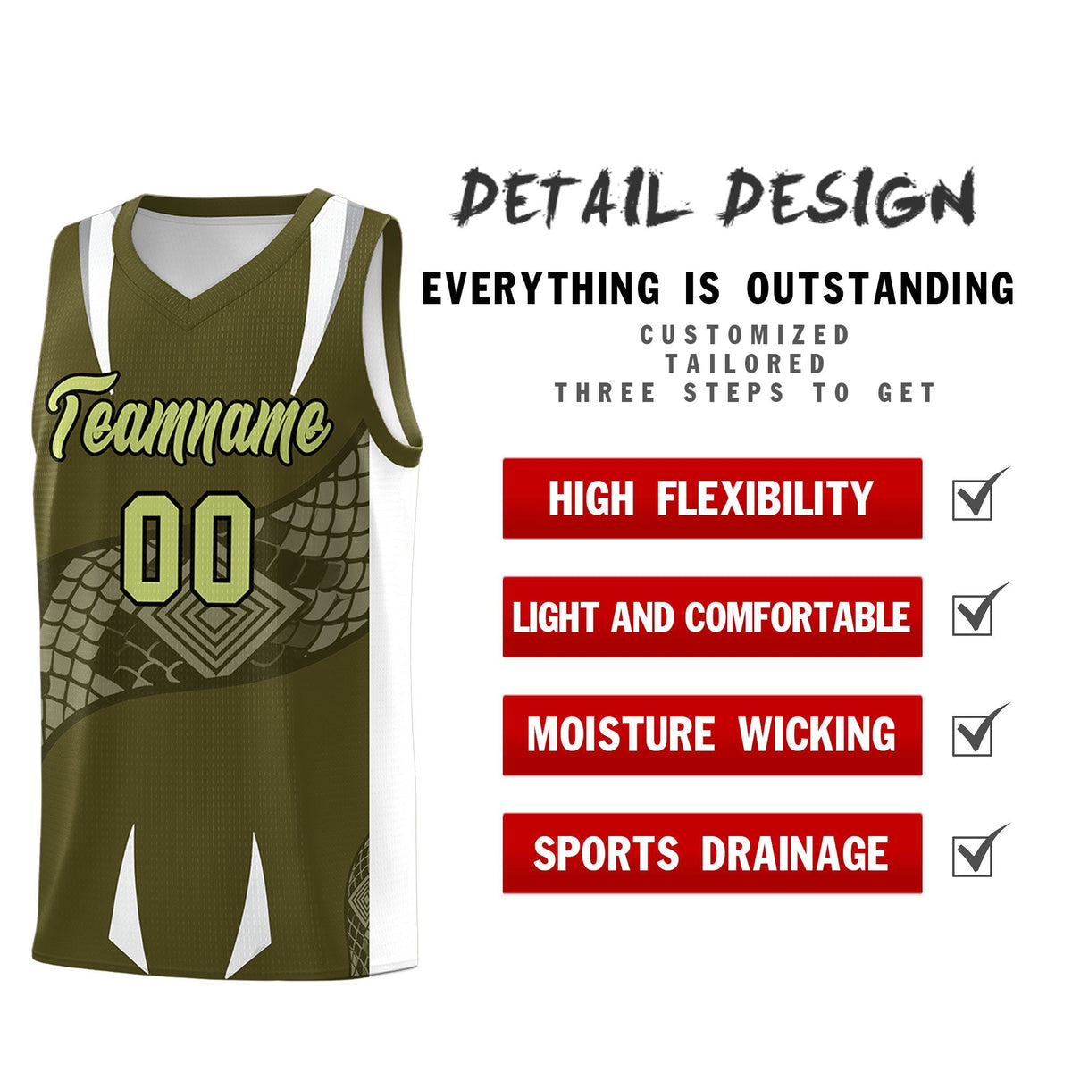 Custom Olive White Snake Scale Venomous Fang Breathable Graffiti Pattern Basketball Suit Jersey