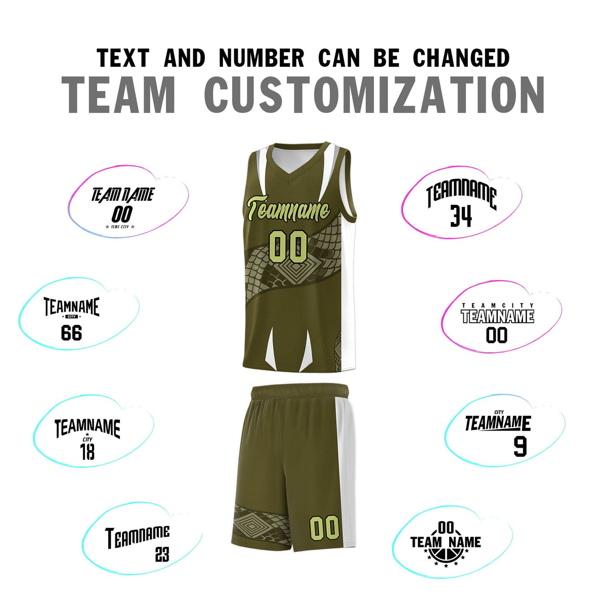 Custom Olive White Snake Scale Venomous Fang Breathable Graffiti Pattern Basketball Suit Jersey