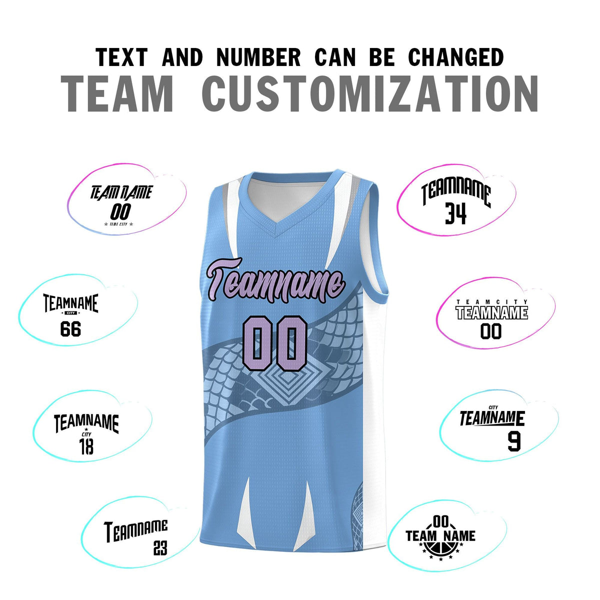 Custom Light Blue White Snake Scale Venomous Fang Lightweight Graffiti Pattern Basketball Suit Jersey