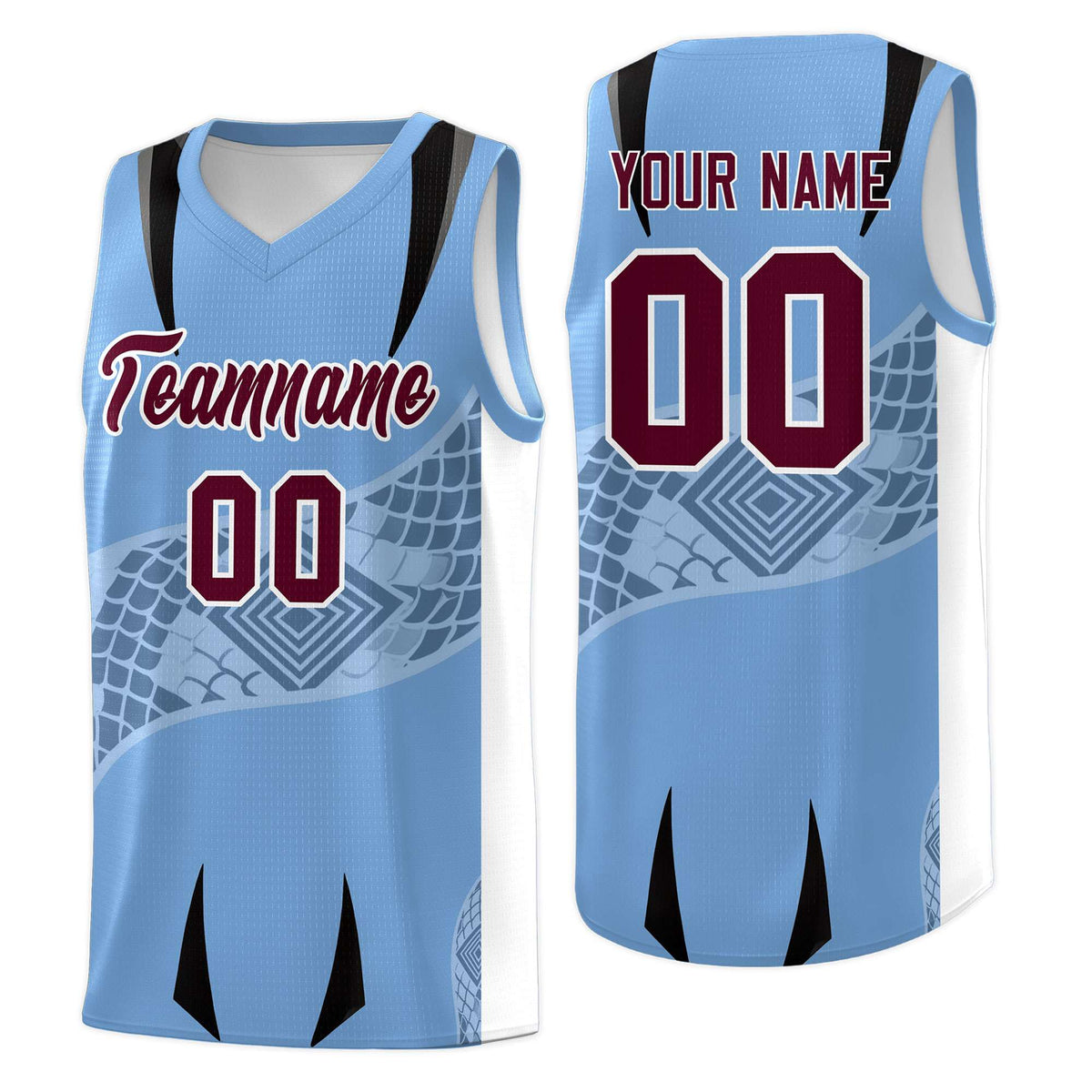 Custom Light Blue White Snake Scale Venomous Fang for Team Graffiti Pattern Basketball Suit Jersey
