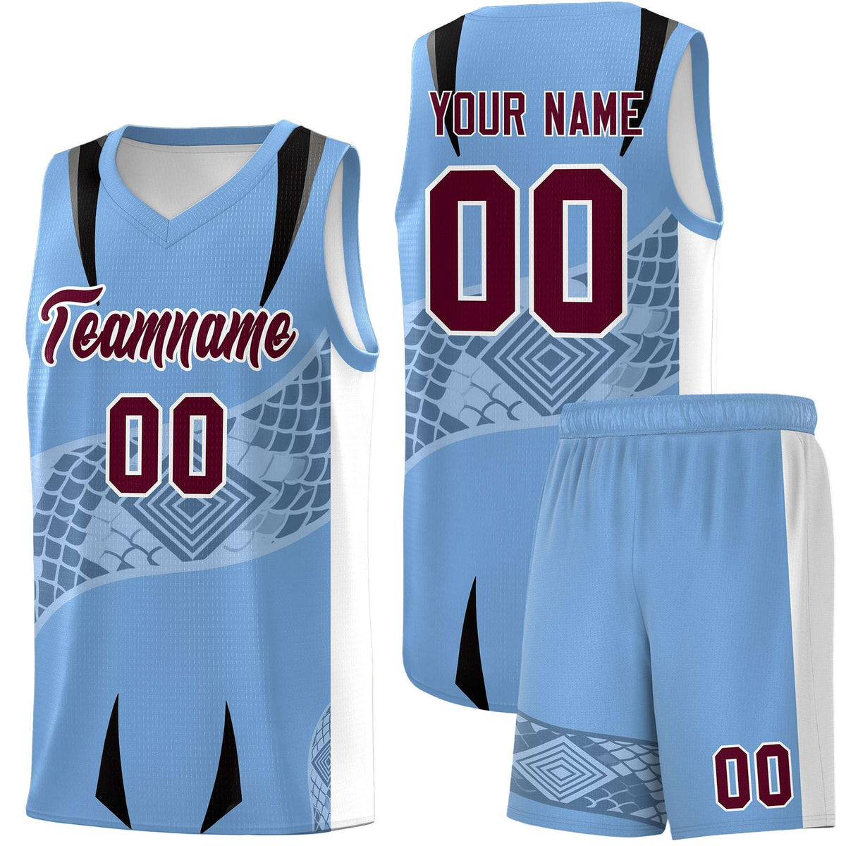 Custom Light Blue White Snake Scale Venomous Fang for Team Graffiti Pattern Basketball Suit Jersey
