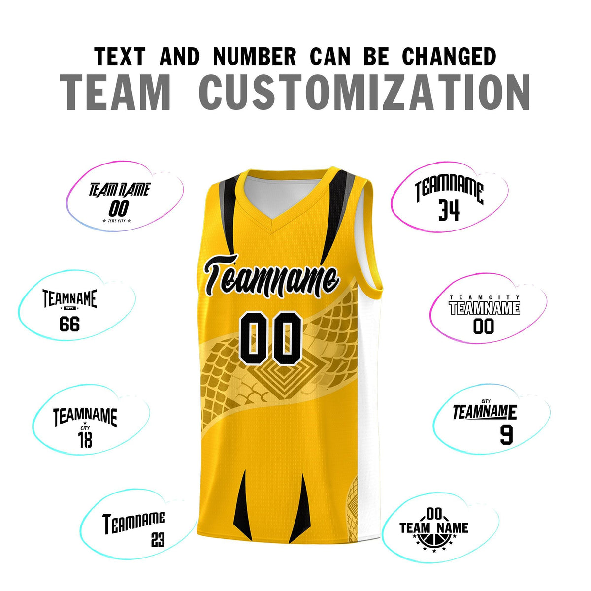 Custom Yellow White Snake Scale Venomous Fang for Team Graffiti Pattern Basketball Suit Jersey