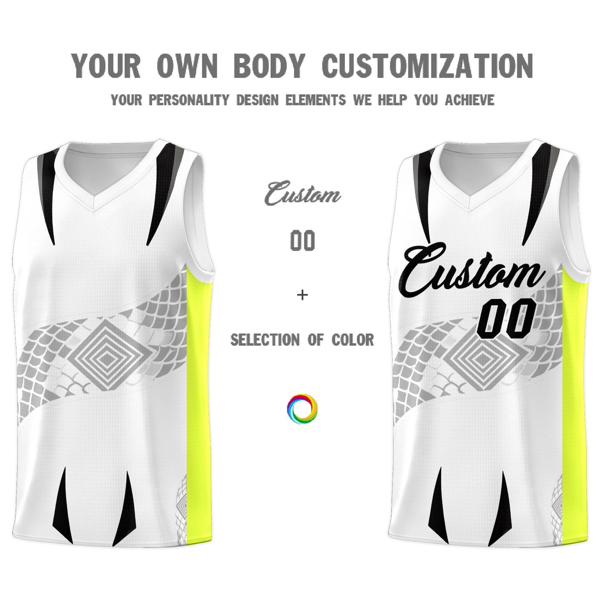 Custom White Neon Green Snake Scale Venomous Fang for Clubs Graffiti Pattern Basketball Suit Jersey