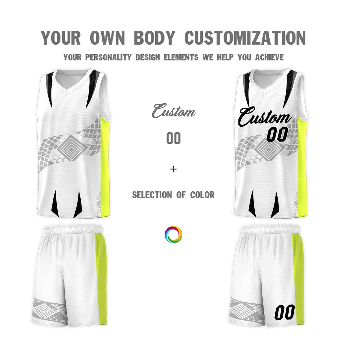 Custom White Neon Green Snake Scale Venomous Fang for Clubs Graffiti Pattern Basketball Suit Jersey