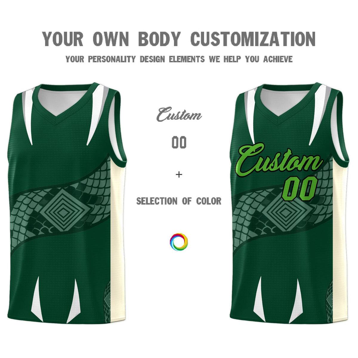 Custom Green Cream Snake Scale Venomous Fang Lightweight Graffiti Pattern Basketball Suit Jersey