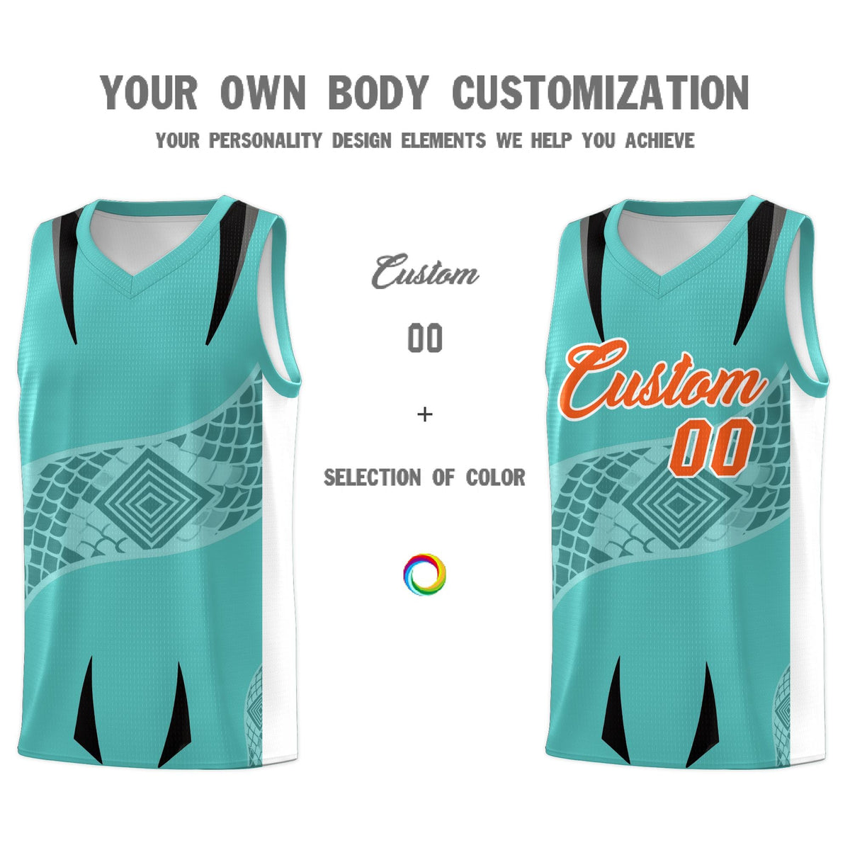Custom Teal White Snake Scale Venomous Fang for Team Graffiti Pattern Basketball Suit Jersey