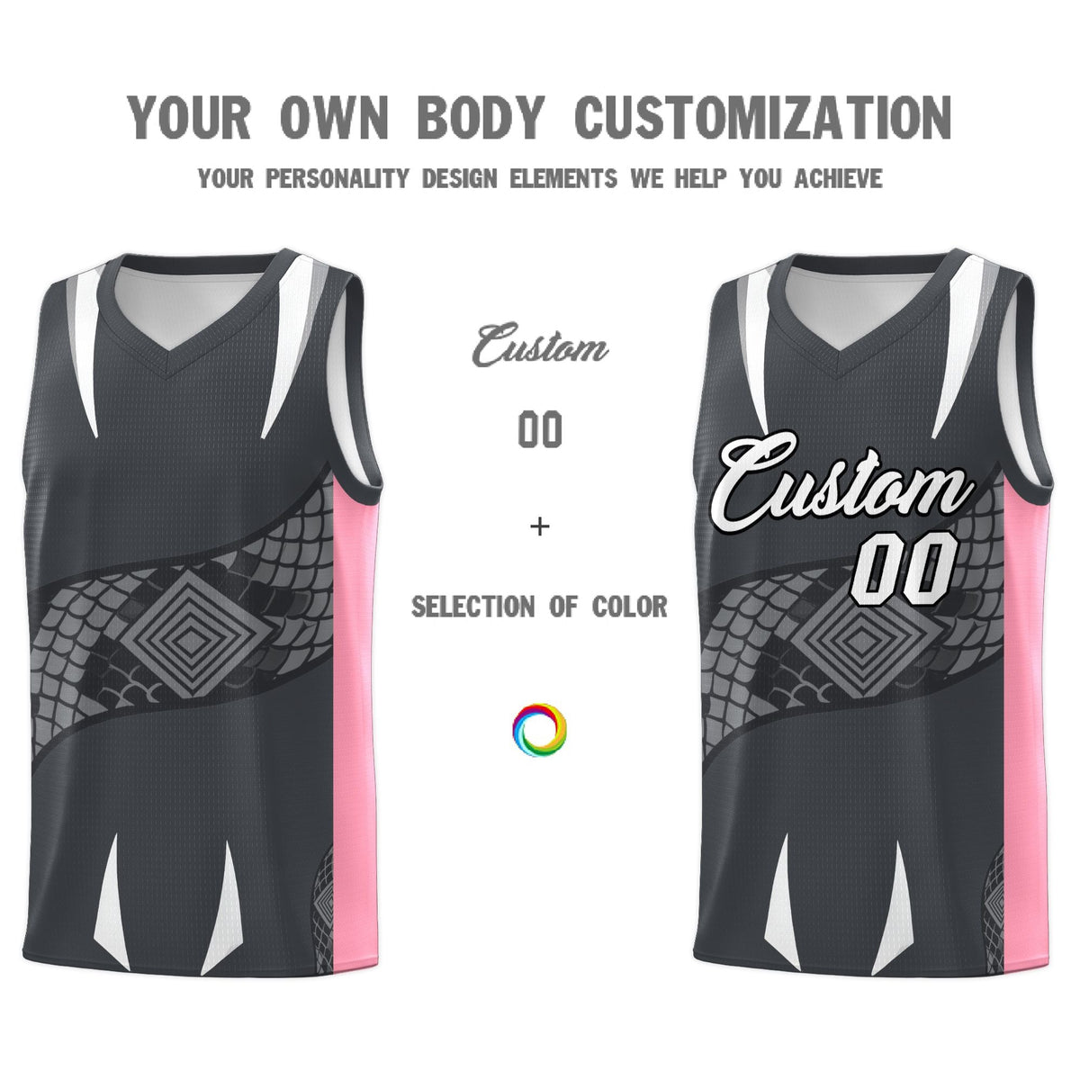 Custom Gray Light Pink Snake Scale Venomous Fang Drapable Graffiti Pattern Basketball Suit Jersey