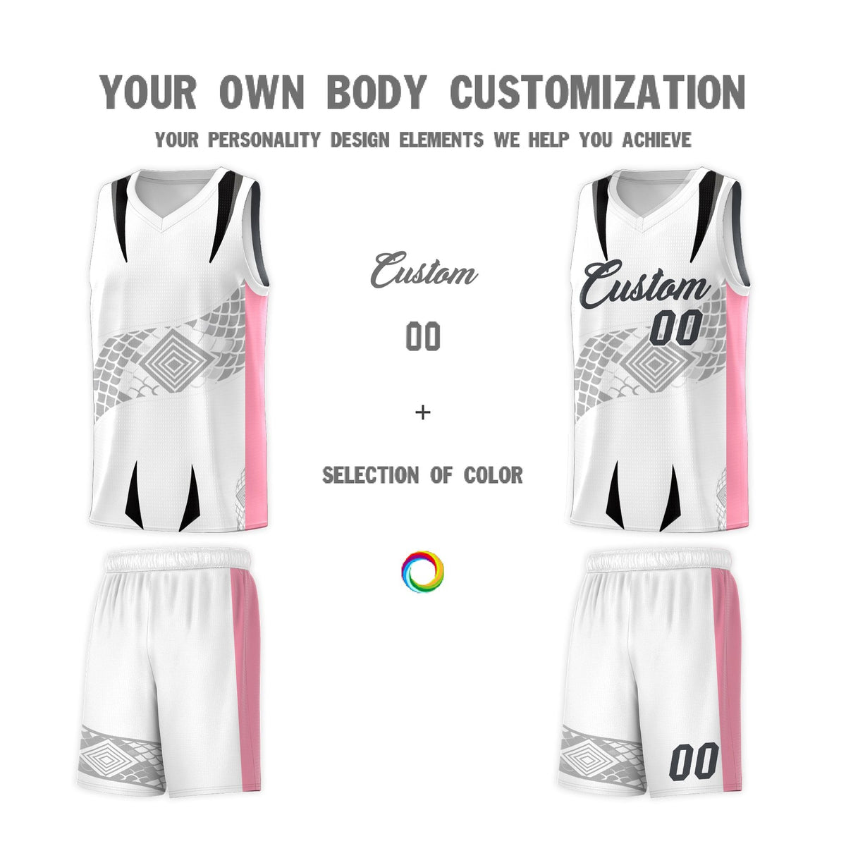 Custom White Light Pink Snake Scale Venomous Fang for Leagues Graffiti Pattern Basketball Suit Jersey