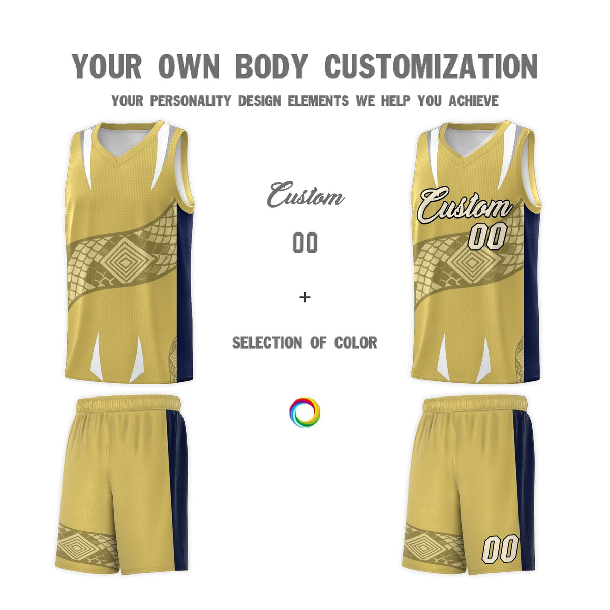 Custom Old Gold Navy Snake Scale Venomous Fang Drapable Graffiti Pattern Basketball Suit Jersey