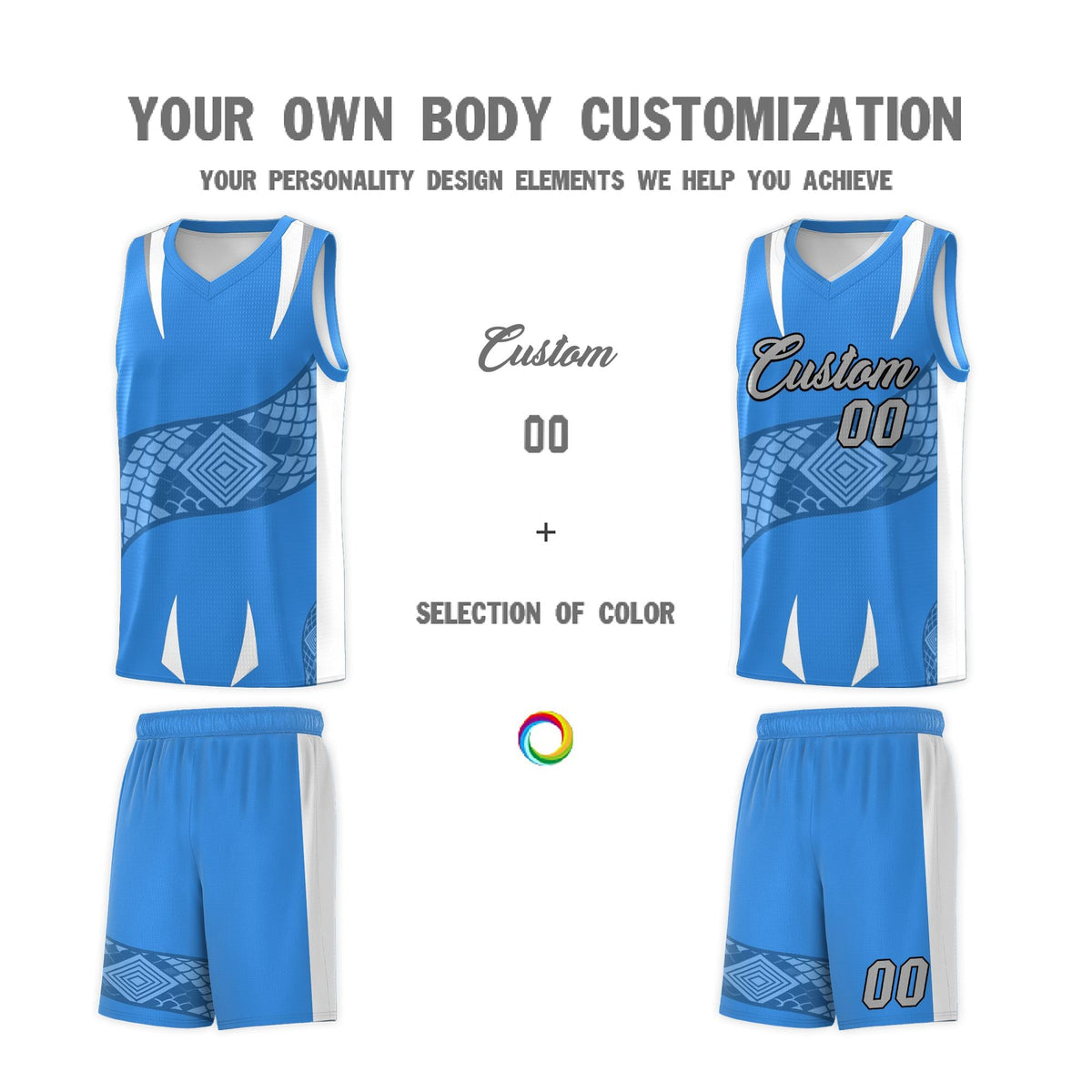 Custom Light Blue White Snake Scale Venomous Fang Lightweight Graffiti Pattern Basketball Suit Jersey