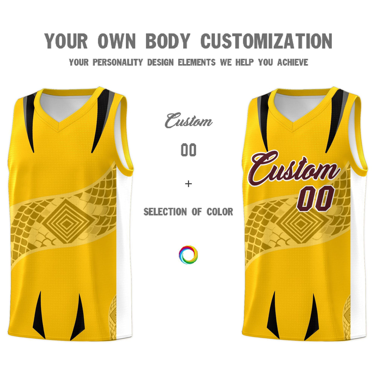 Custom Yellow White Snake Scale Venomous Fang for Leagues Graffiti Pattern Basketball Suit Jersey