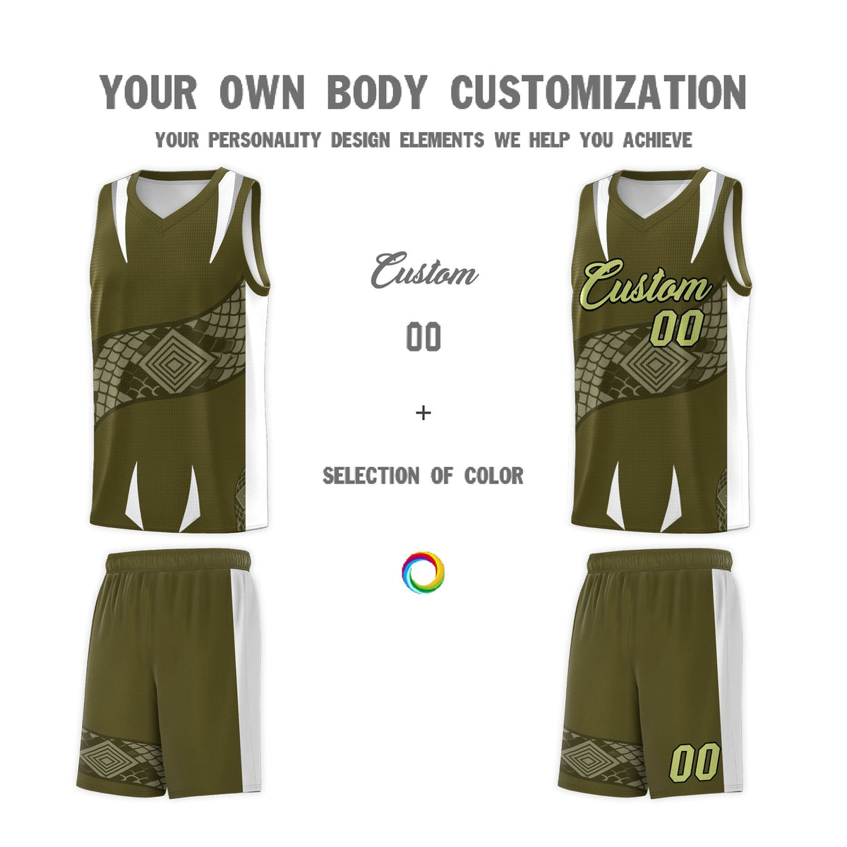 Custom Olive White Snake Scale Venomous Fang Breathable Graffiti Pattern Basketball Suit Jersey