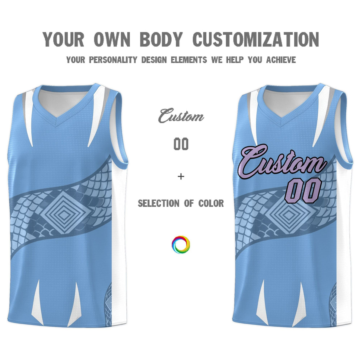 Custom Light Blue White Snake Scale Venomous Fang Lightweight Graffiti Pattern Basketball Suit Jersey