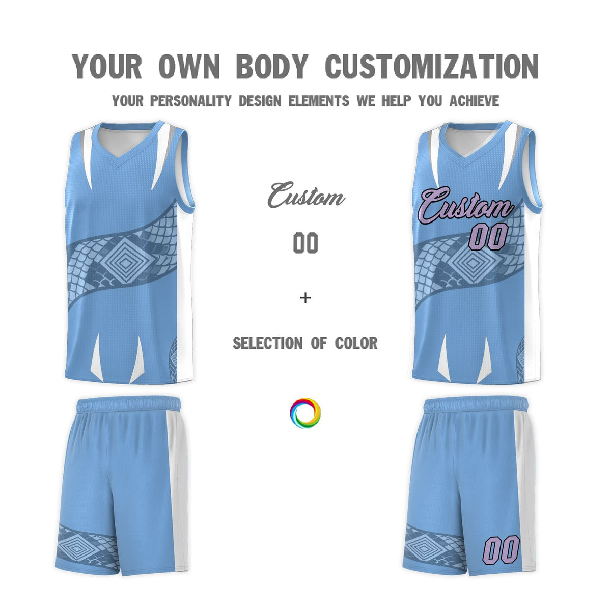 Custom Light Blue White Snake Scale Venomous Fang Lightweight Graffiti Pattern Basketball Suit Jersey