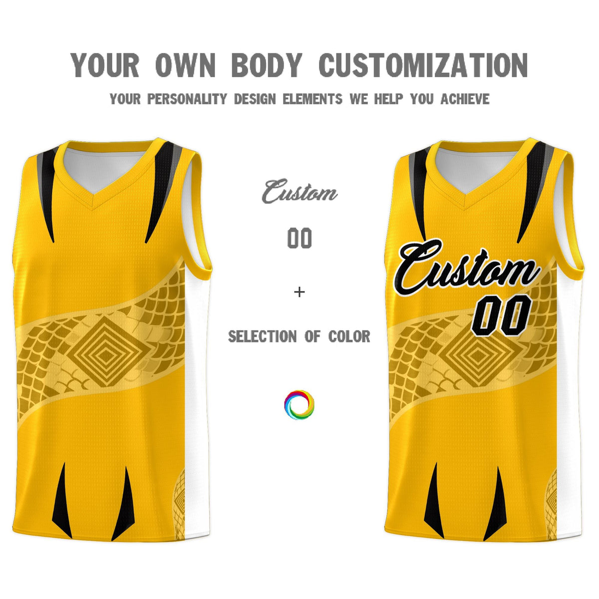 Custom Yellow White Snake Scale Venomous Fang for Team Graffiti Pattern Basketball Suit Jersey