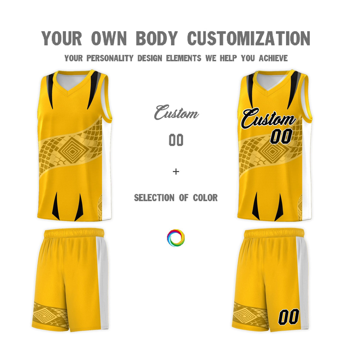 Custom Yellow White Snake Scale Venomous Fang for Team Graffiti Pattern Basketball Suit Jersey