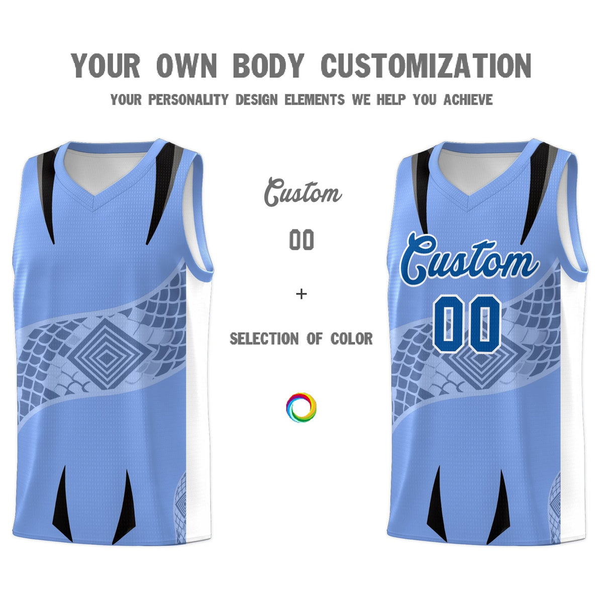 Custom Light Blue White Snake Scale Venomous Fang for Clubs Graffiti Pattern Basketball Suit Jersey