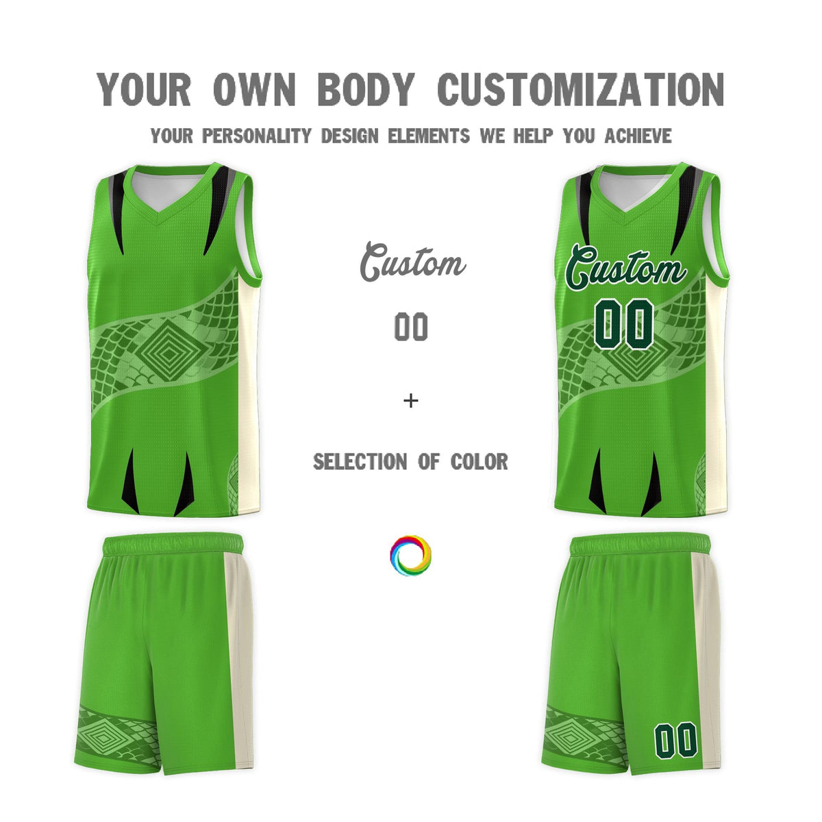Custom Light Green Cream Snake Scale Venomous Fang for Team Graffiti Pattern Basketball Suit Jersey