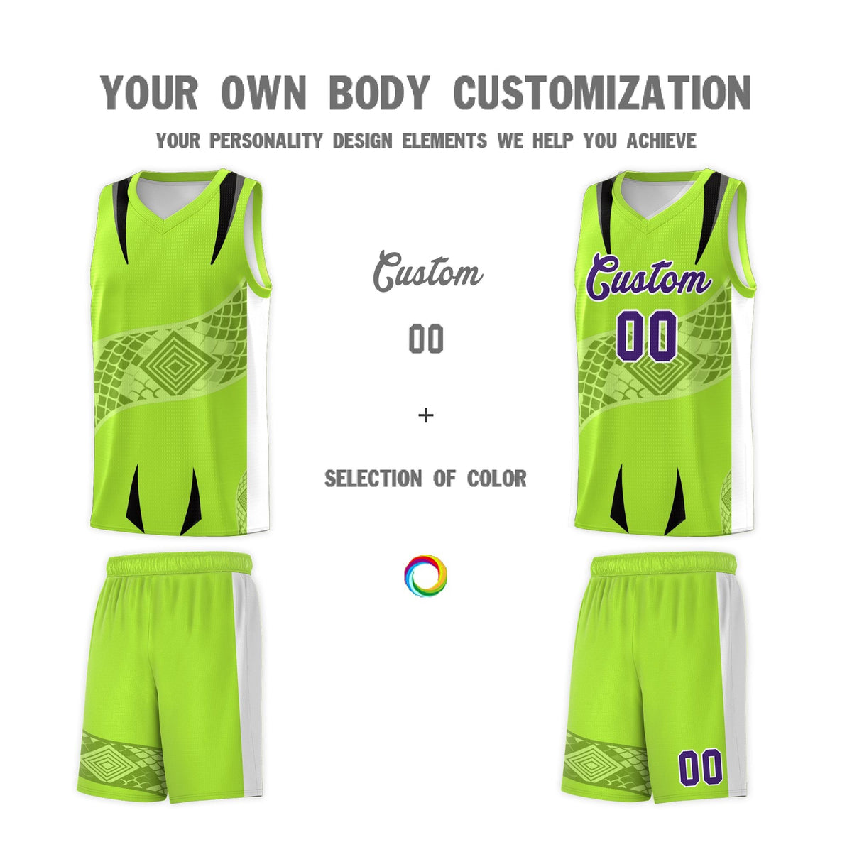 Custom Neon Green White Snake Scale Venomous Fang for Clubs Graffiti Pattern Basketball Suit Jersey