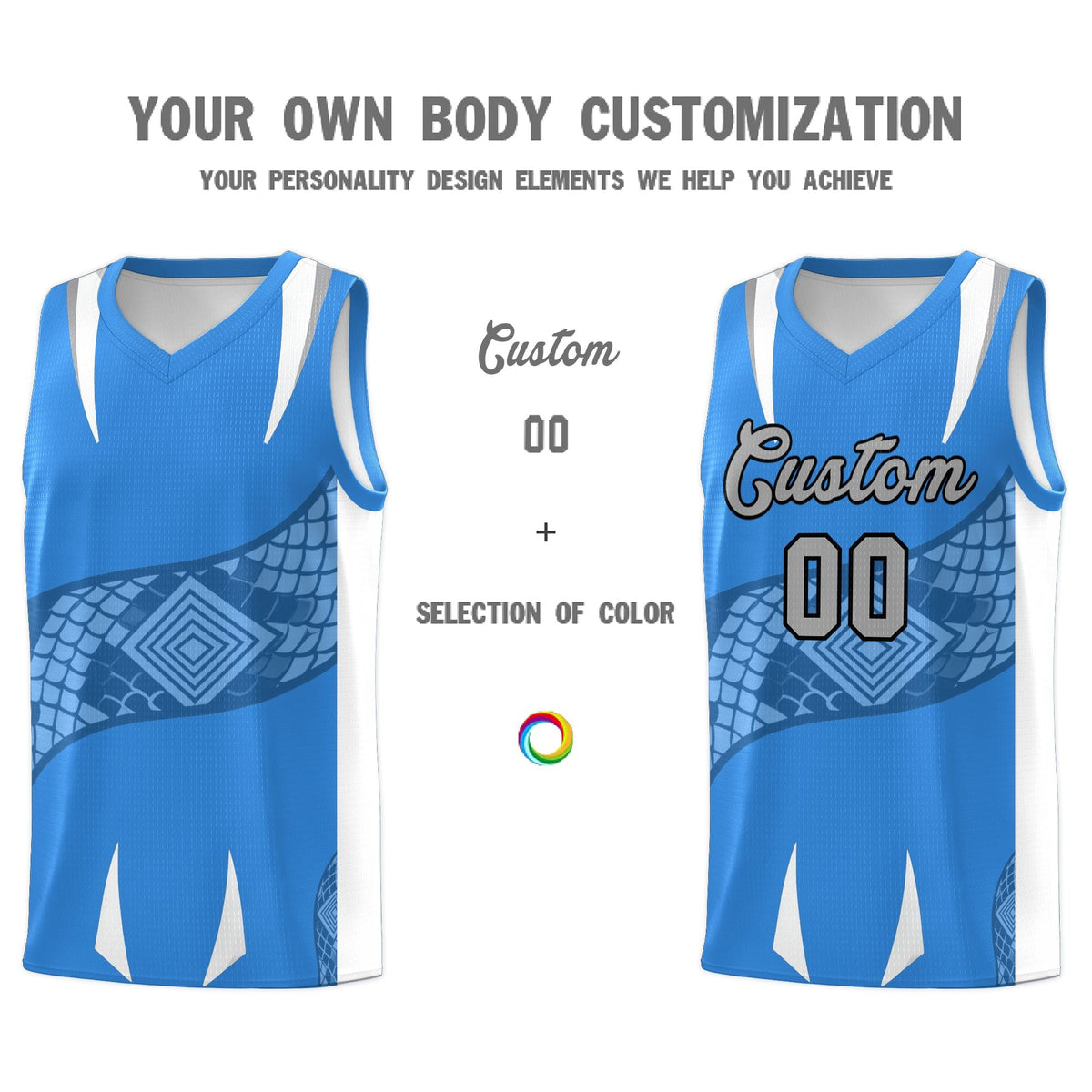 Custom Light Blue White Snake Scale Venomous Fang Lightweight Graffiti Pattern Basketball Suit Jersey