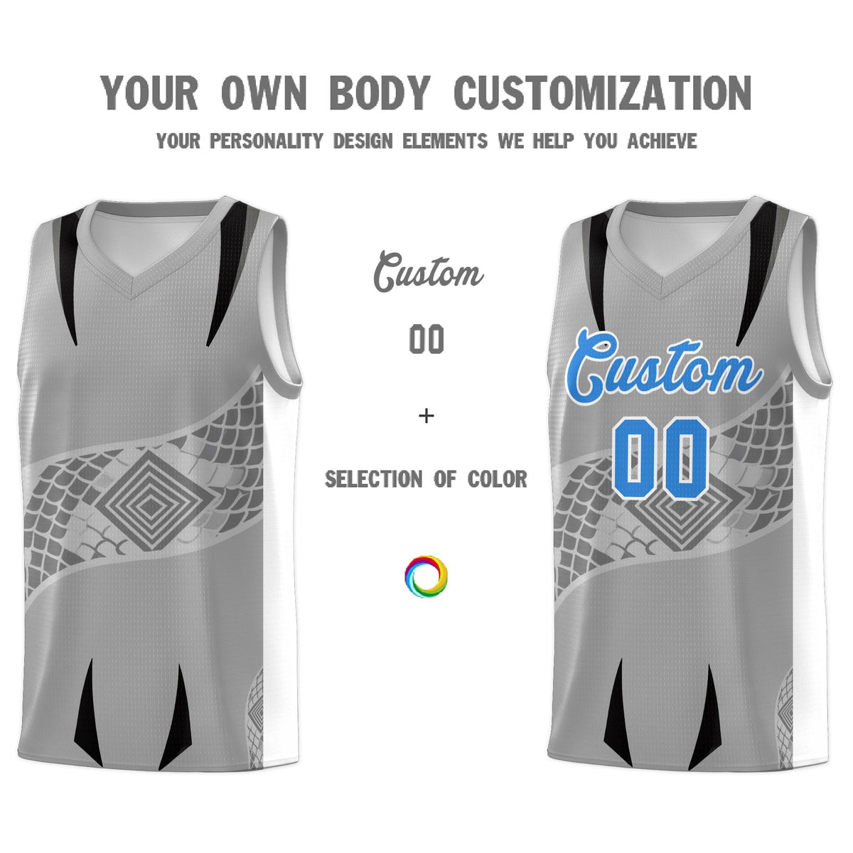 Custom Gray White Snake Scale Venomous Fang for Team Graffiti Pattern Basketball Suit Jersey