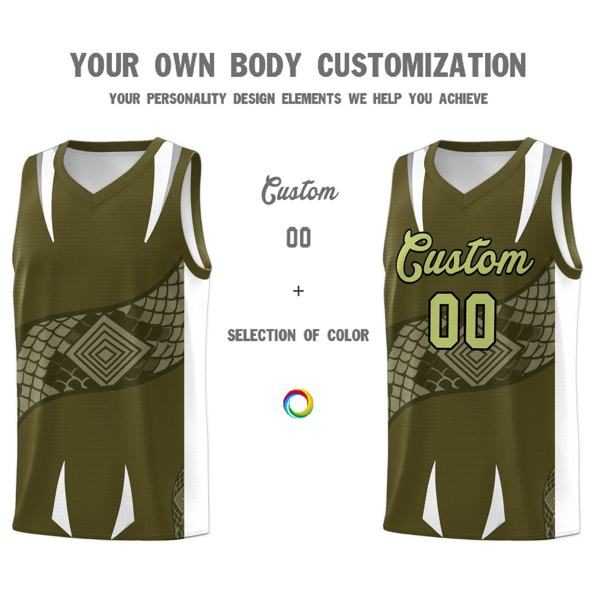 Custom Olive White Snake Scale Venomous Fang Breathable Graffiti Pattern Basketball Suit Jersey