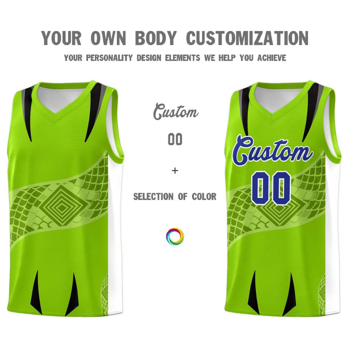 Custom Neon Green White Snake Scale Venomous Fang for Leagues Graffiti Pattern Basketball Suit Jersey