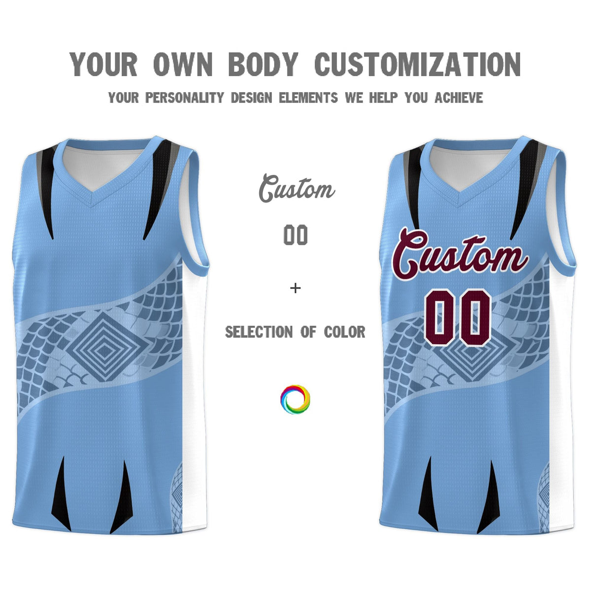 Custom Light Blue White Snake Scale Venomous Fang for Team Graffiti Pattern Basketball Suit Jersey