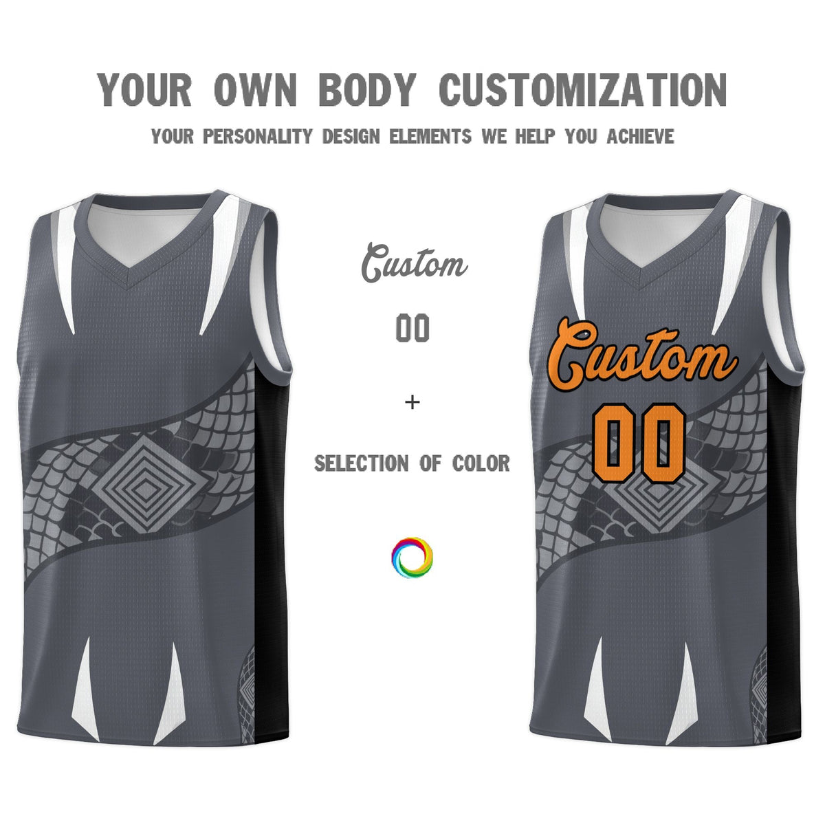 Custom Gray Black Snake Scale Venomous Fang Breathable Graffiti Pattern Basketball Suit Jersey