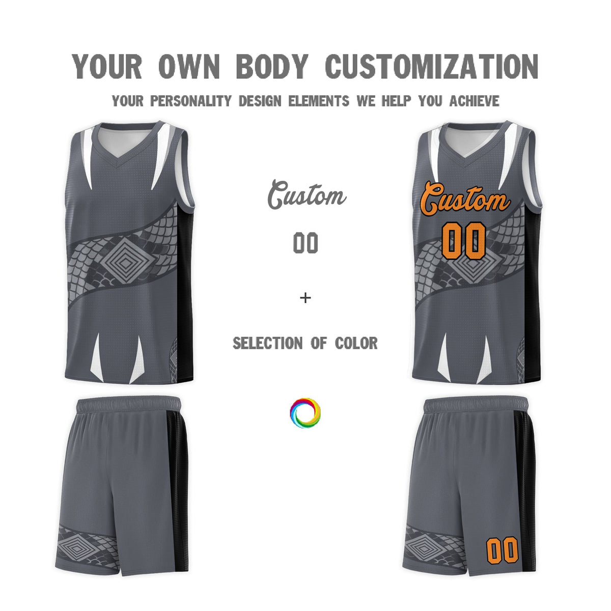 Custom Gray Black Snake Scale Venomous Fang Breathable Graffiti Pattern Basketball Suit Jersey