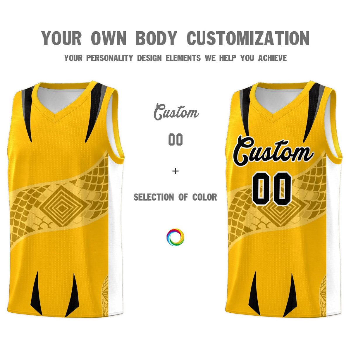 Custom Yellow White Snake Scale Venomous Fang for Team Graffiti Pattern Basketball Suit Jersey