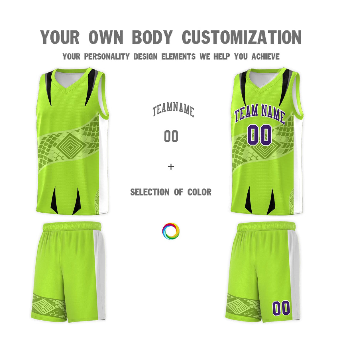 Custom Neon Green White Snake Scale Venomous Fang for Clubs Graffiti Pattern Basketball Suit Jersey