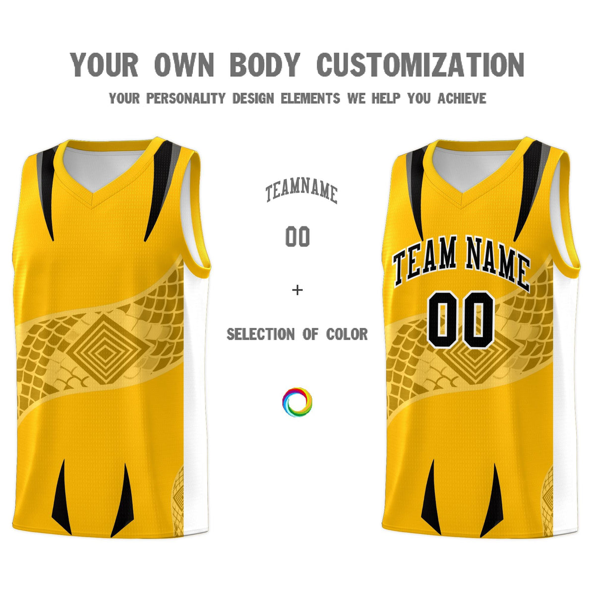 Custom Yellow White Snake Scale Venomous Fang for Team Graffiti Pattern Basketball Suit Jersey