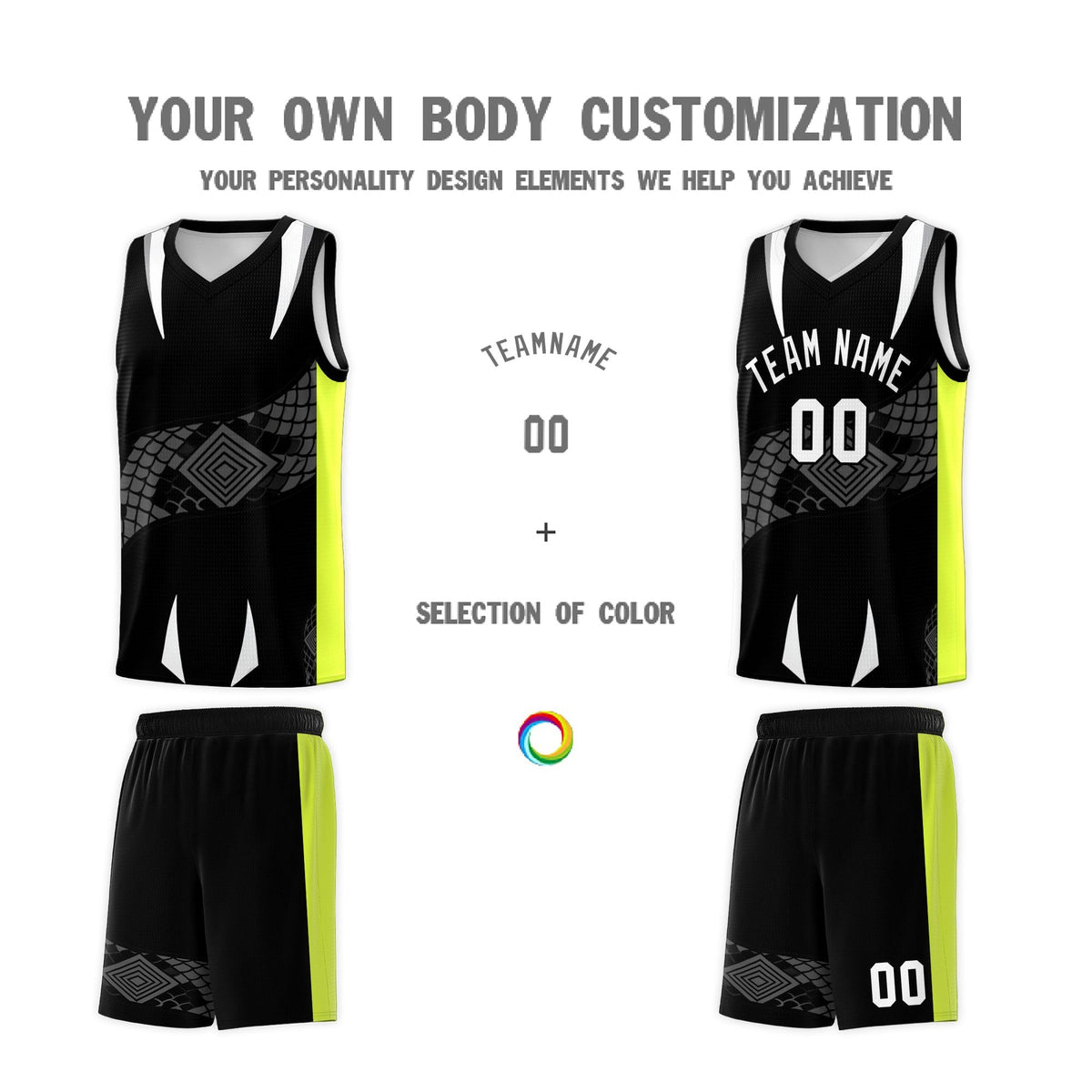 Custom Black Neon Green Snake Scale Venomous Fang Breathable Graffiti Pattern Basketball Suit Jersey