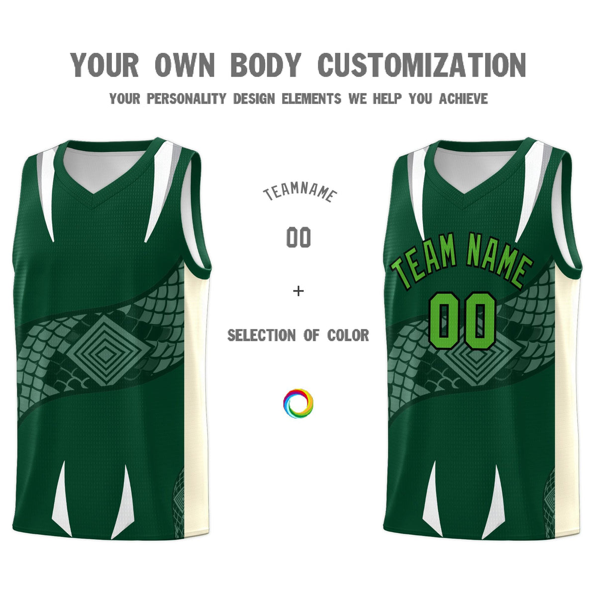Custom Green Cream Snake Scale Venomous Fang Lightweight Graffiti Pattern Basketball Suit Jersey