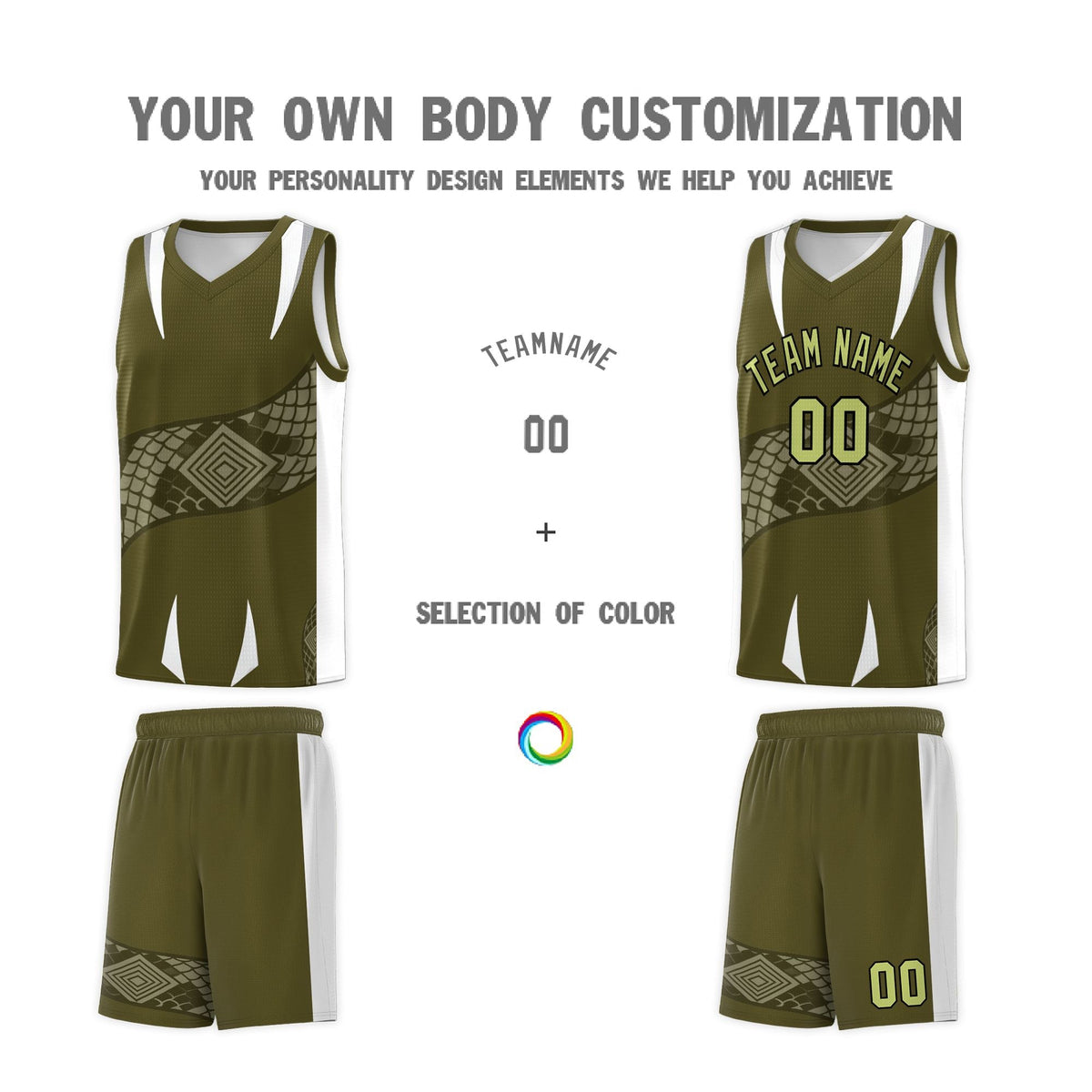 Custom Olive White Snake Scale Venomous Fang Breathable Graffiti Pattern Basketball Suit Jersey
