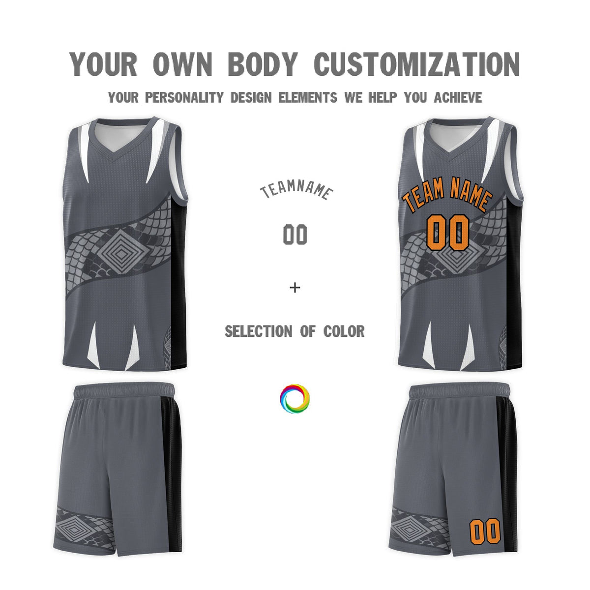 Custom Gray Black Snake Scale Venomous Fang Breathable Graffiti Pattern Basketball Suit Jersey