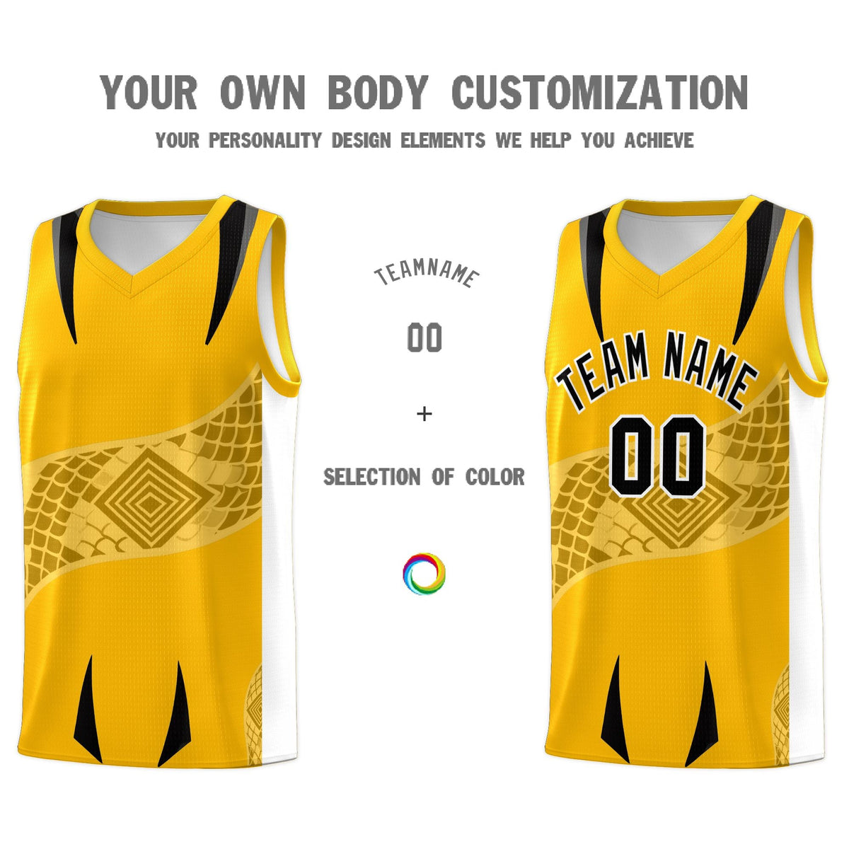 Custom Yellow White Snake Scale Venomous Fang for Team Graffiti Pattern Basketball Suit Jersey