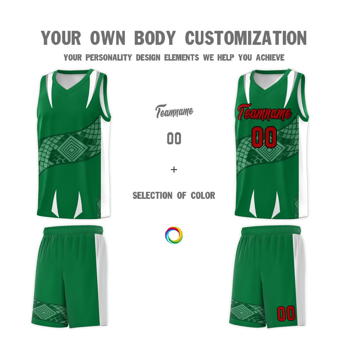 Custom Kelly Green White Snake Scale Venomous Fang Breathable Graffiti Pattern Basketball Suit Jersey
