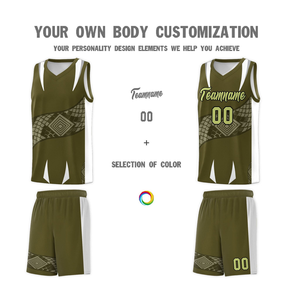 Custom Olive White Snake Scale Venomous Fang Breathable Graffiti Pattern Basketball Suit Jersey
