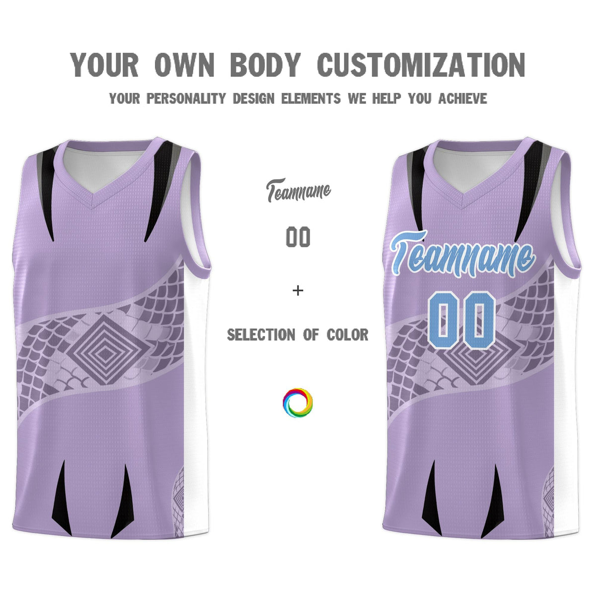 Custom Light Purple White Snake Scale Venomous Fang for Team Graffiti Pattern Basketball Suit Jersey
