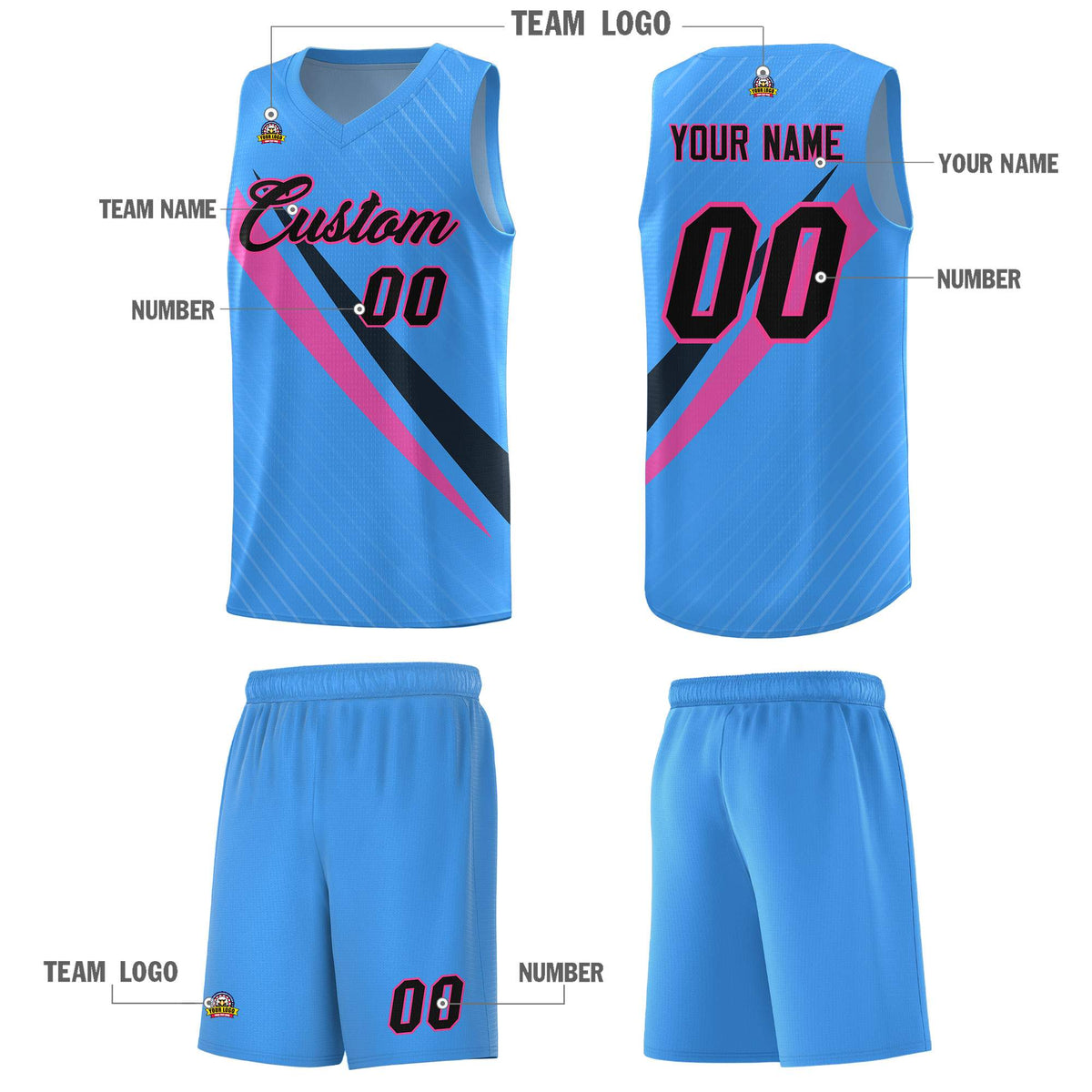 Custom Light Blue Diagonal Pinstripe Pattern Color Block Sports Uniform Basketball Jersey|KXKSHOP