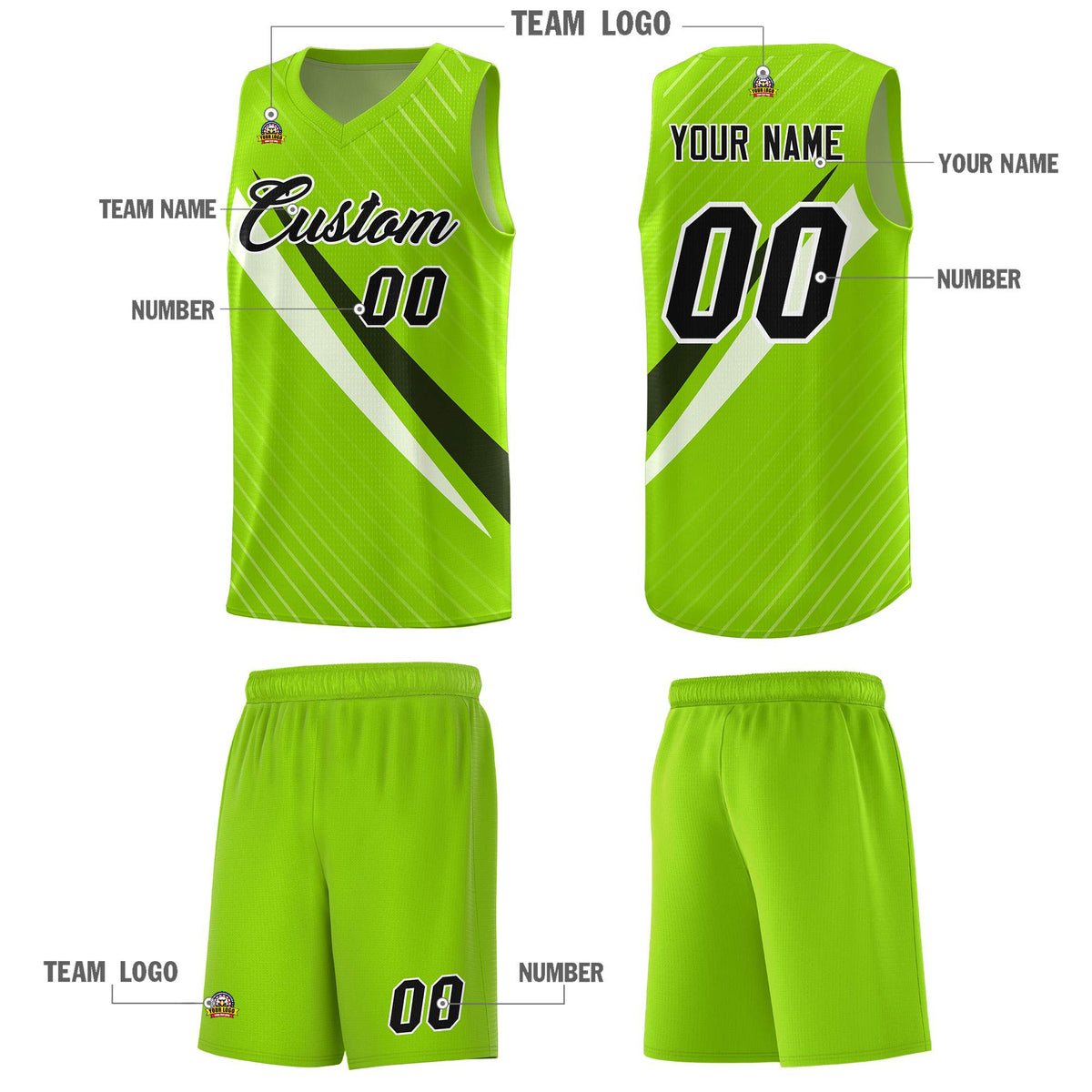 Custom Neon Green Diagonal Pinstripe Pattern Color Block Sports Uniform Basketball Jersey|KXKSHOP