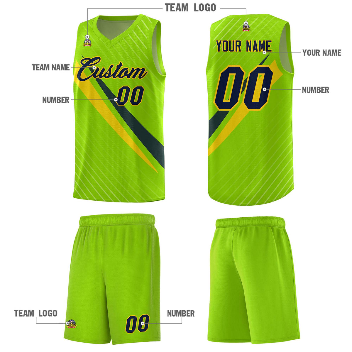 Custom Neon Green Diagonal Pinstripe Pattern Color Block Sports Uniform Basketball Jersey|KXKSHOP